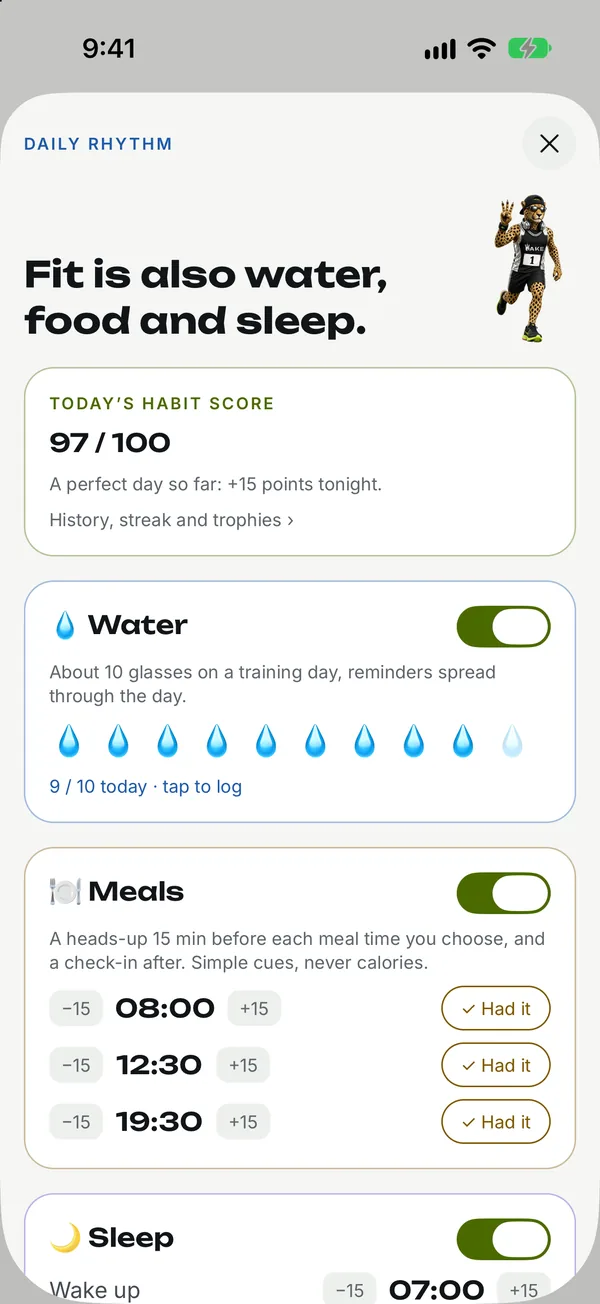 Rythme du jour: Eau, repas et sommeil autour de l'entraînement. Sans compter les calories. Réponds directement sur le rappel, sur ton téléphone ou ta montre : Fait, Dans 15 min ou Pas cette fois. Un score d’habitudes chaque jour, des points et des trophées.